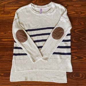 Tan sweater with navy stripes and elbow patches